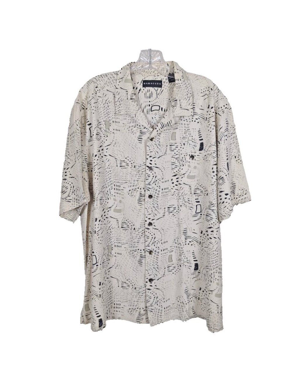 Vintage Baracuta Shirt Mens L White Silk Geometric Short Sleeve Button Up Casual